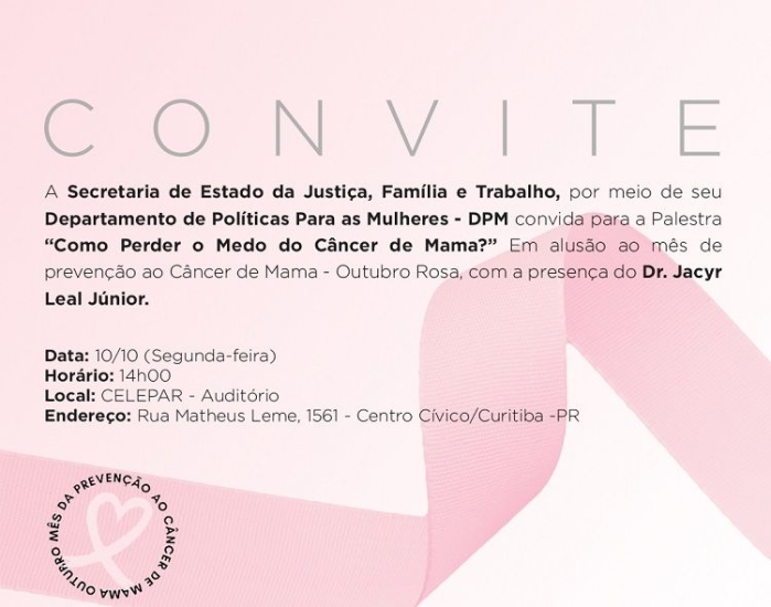 Convite evento em alusão ao Outubro Rosa - SEJUF